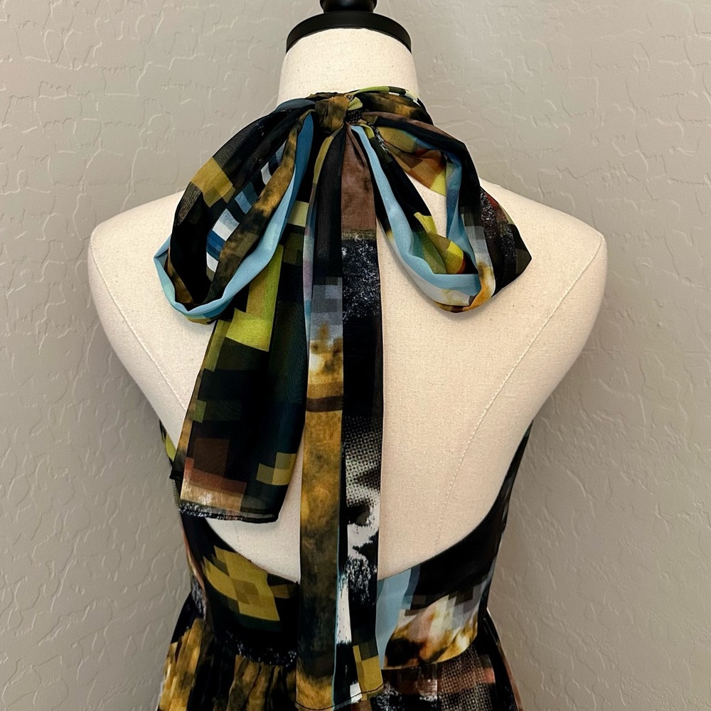 NEW JOVANI SZ 2 HALTER CHIFFON ABSTRACT PRINT HIGH SLIT FORMAL EVENING GOWN - Picture 8 of 16